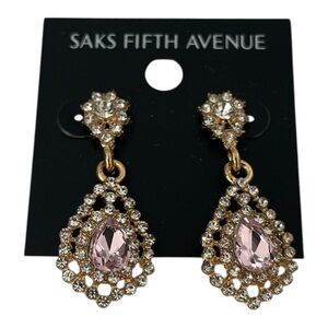 Saks Victorian Rhinestone Pink Teardrop Dangling Pierced Earrings NWT